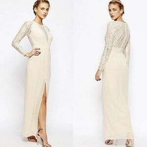 ASOS Elise Ryan Womens 12 Dress Maxi Slit Cream Floral Lace Lined Formal Elegant